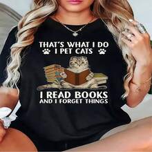 1 pieza de playera  para hombre y mujer, 100% algodón puro, cuello redondo casual con estampado, manga corta transpirable para uso diario, dise?o de libro de gato para mujer, estampado con dibujo de gato - Negro - Ver 2
