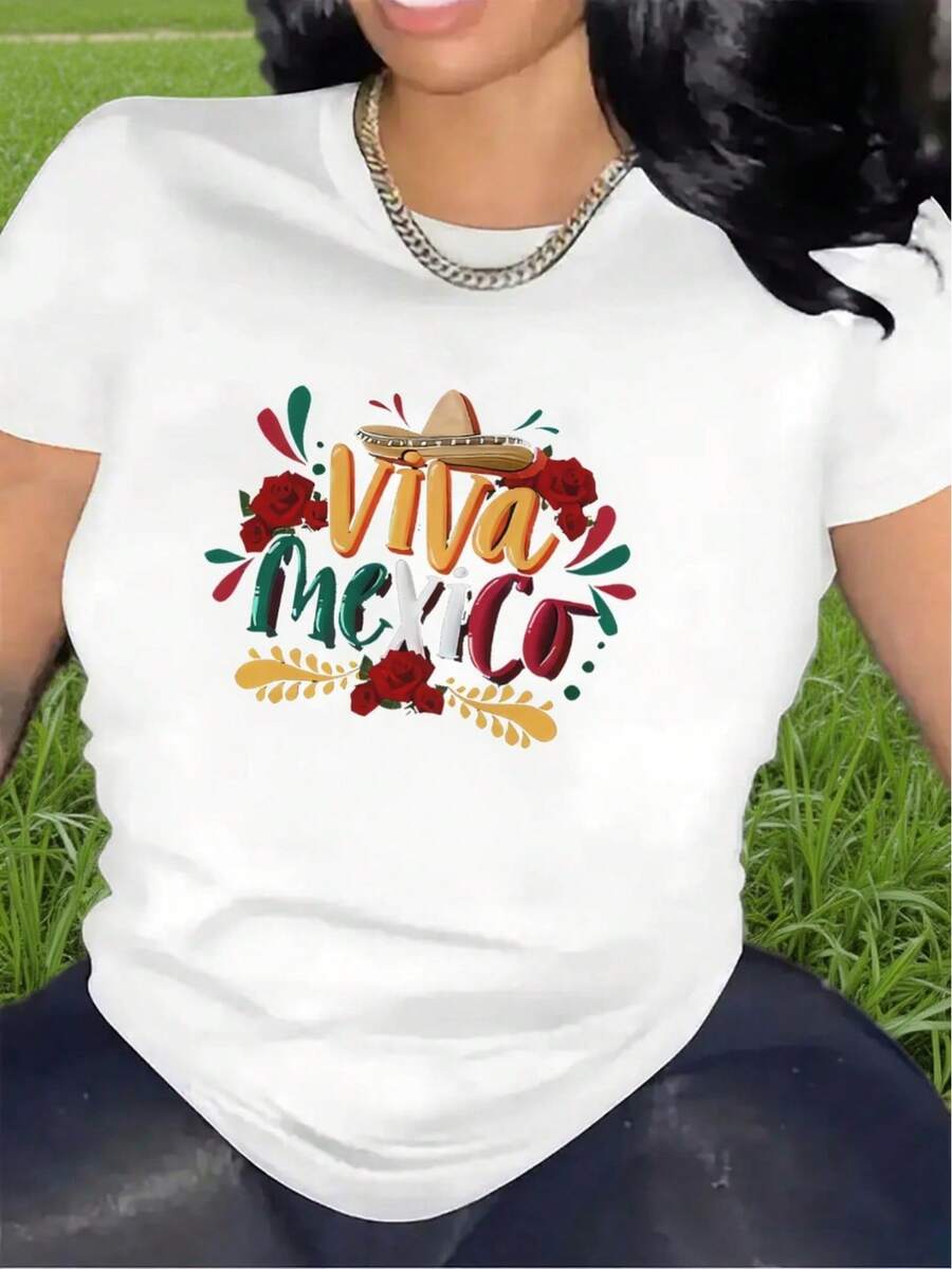 Camiseta de poliéster con diseño Viva México para uso en restaurantes, duradera y ligera, ideal para reuniones festivas, ajuste cómodo, colores vibrantes, camiseta gráfica elegante para eventos casuales - [Blanco] - Ver 1