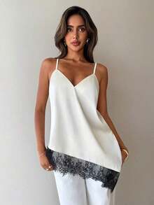 Top de camisola asimétrico negro con parches de encaje, ribete de satén y encaje, sexy y versátil para el Día de San Valentín - Albaricoque - Ver 2