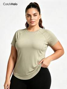 Plus Size Women Short Sleeve Solid Color Sports Top, Asymmetric Hem, Quick Dry Stretchy Casual Fitness T-Shirt, Gym Workout Daily Wear, Spring - Màu xanh Bạc hà - Xem 4