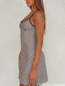 Vestido mini con tirantes finos y rayas, sexy y de moda, versátil para vacaciones, nueva llegada de primavera/verano - Marrón - Ver 6