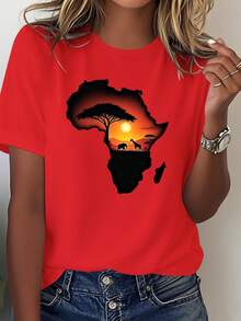 Camiseta cómoda de color sólido, con estampados de vida silvestre africana y atardeceres, blusa casual para mujer. - Rojo - Ver 7