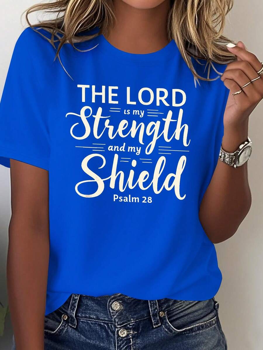 Women's Christian Faith T-Shirt, Printed With Psalm 28:7 – "The LORD Is My Strength, My Shield" – Black With Gold Lettering – Soft Pure Cotton For Everyday And Church Wear – Suitable Bible Verse Clothing Gift For Women – Geometric Pattern Design – Machine Washable – Comfortable For All Seasons – Loose Fit – Inspirational Decorative Print – Essential And Versatile Casual Blouse For Women's Wardrobe. - 藍色 - 查看 1