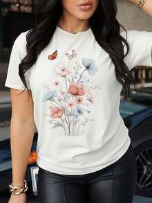 Camiseta Suave y Transpirable para Mujer, Ideal para Primavera y Verano - Blusa Minimalista con Estampado Floral de Mariposas, Cuello Redondo y Manga Corta - Prenda Superior Compatible, Lavable a Máquina, Ropa Casual y Regalo con Sutil Motivo Botánico - Blanco - Ver 1