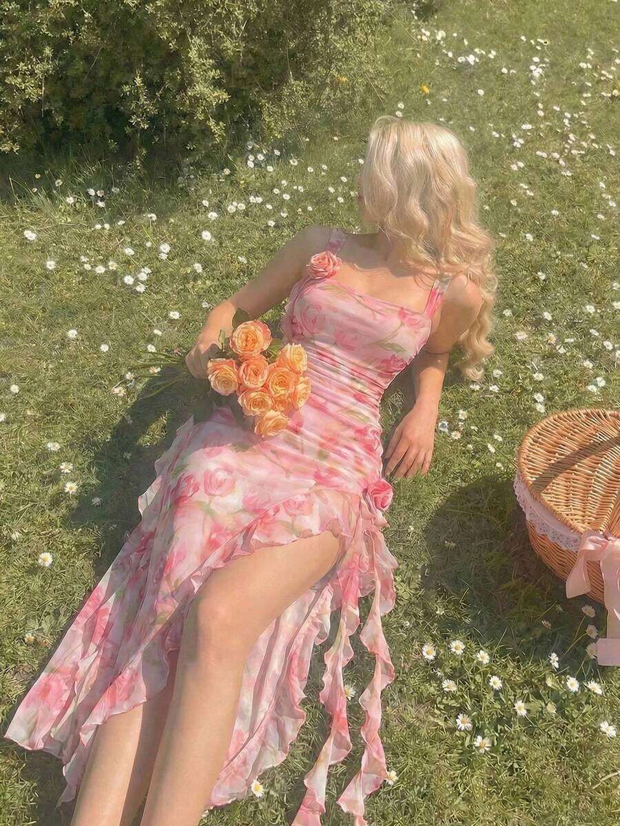MOD Vestido de mujer con estampado floral 3D romántico rojo, atuendo para citas, atuendo para el Día de San Valentín Talla S - Rosa 2 - Ver 1