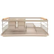 Japanese-Style Wooden Handle Single-Layer Dish Rack, Household Tableware Storage Rack With Chopstick Holder And Drip Tray: One Side Holds Plates Vertically For Quick Drainage And Ventilation; The Other Side Can Hold Bowls, Cups, And Other Tableware For Easy Access. Features A Detachable Double-Compartment Chopstick Holder On The Side For Organized Storage Of Knives, Forks, Chopsticks, And Other Small Utensils. - View 5