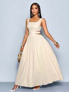 xheSOLERSUN Vestido elegante de mujer con cuello cuadrado, corte en la cintura, espalda con lazo y pliegues, estilo línea A, para Hawái, vestidos de verano para mujer, vestido para té, vestido largo blanco para graduaciónxhe - Caqui - Ver 3