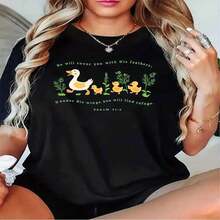 1 pieza de playera  para hombre y mujer, 100% algodón puro, cuello redondo casual con estampado, manga corta transpirable para uso diario. Mujer con dise?o de oveja y estampado del capítulo 91 del Salmo bajo sus alas. - Negro - Ver 2