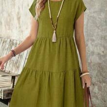 guang zhou mi qian shang mao  Vestido casual de mujer de manga corta, cuello redondo y longitud media, con apariencia de lino verde, para primavera/verano - Azul - Ver 7