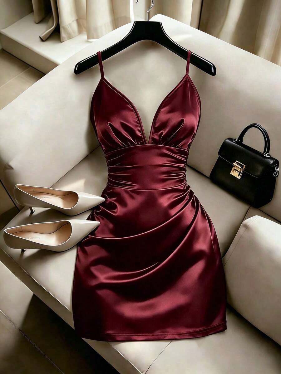 Vestido elegante de mujer de satén liso, de lujo, con tirantes finos, fruncido y escote bajo en la cintura - Rojo - Ver 1