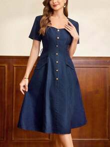 Vestido largo casual y elegante de verano para mujer con bolsillos y botones, ideal para uso diario, vacaciones y ocasiones especiales - Negro - Ver 7
