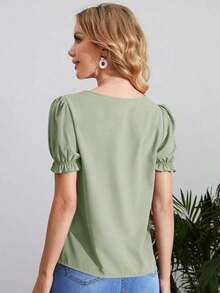 Blusa verde con cuello de ojo de cerradura y manga abullonada, blusas de manga corta - verde menta - Ver 2