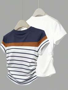 Conjunto de 2 piezas de camiseta ajustada con cintura fruncida, moda para mujer - Multicolor 6 - Ver 2