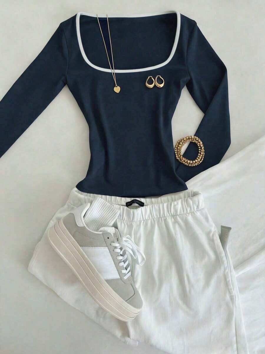 Camiseta de manga larga de cuello cuadrado azul marino de corte ajustado, de estilo minimalista, adecuada para primavera, verano, otoño e invierno.Camiseta de moda, regalo de estilo casual minimalista para hermanos, hermanas, mamá, Día de la Madre - azul real - Ver 1