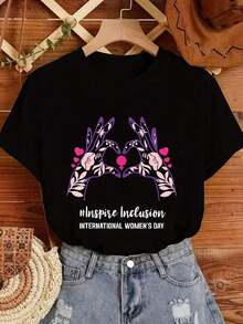 Camiseta Casual para Mujer con Estampado del Día Internacional de la Mujer de Inspire Inclusion, Cuello Redondo y Manga Corta para Atuendo Casual, Artículo de Regalo Versátil |   Camiseta con Diseño Divertido |   Ajuste cómodo, top de primavera y otoño para mujer para uso diario. Camiseta de algodón. - Negro - Ver 7