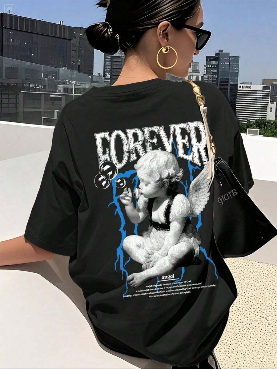 Soft Y2K Women's Casual Short Sleeve T-Shirt With Letter Print And Angel Girl Design, 200g Pure Cotton, Women's Blouse, Women's Sportswear - 黑色 - 查看 1