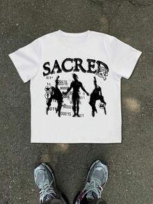 1-pack 180 g 100 % bomull Herr Sommarkollektion med grafiska t-shirts: Ny herr-t-shirt, svart, rund halsringning och korta ärmar, prydd med ordet "SACRED" tryckt på framsidan, utsmyckad - Vitt - Visa 6