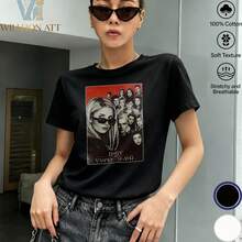 Women's Short-Sleeved White T-Shirt With A Vintage Horror Movie Graphic Print In A Pop Art Style, Featuring A Vampire Motif And A Group Of Characters In Black And Red. , Urban Fashion Design. Comfortable 100% Cotton With A Soft, Breathable Texture. Ideal For Everyday Wear In Summer And Autumn. Perfect Gift For Cult Film And Alternative Fashion Enthusiasts. - Black - View 1