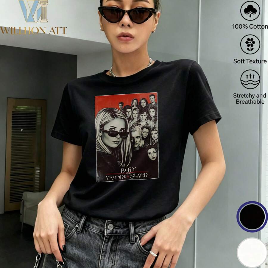 Women's Short-Sleeved White T-Shirt With A Vintage Horror Movie Graphic Print In A Pop Art Style, Featuring A Vampire Motif And A Group Of Characters In Black And Red. , Urban Fashion Design. Comfortable 100% Cotton With A Soft, Breathable Texture. Ideal For Everyday Wear In Summer And Autumn. Perfect Gift For Cult Film And Alternative Fashion Enthusiasts. - Black - View 1