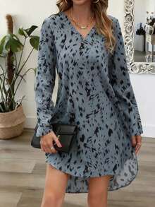 Vestido de Moda con Estampado de Leopardo para Mujer, Cuello en V, Manga Larga, Dobladillo Asimétrico, Corte Holgado, Vestido Corto - Gris Oscuro - Ver 4