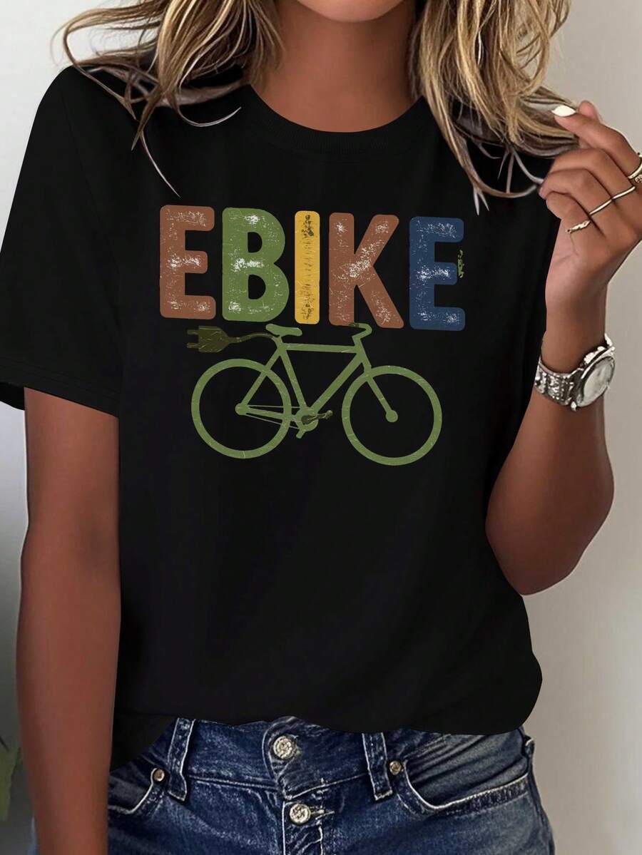 Women's Printed T-Shirt - 100% Casual And Comfortable Style, With An E And Bicycle Design, Suitable For Electric Cyclists To Wear All Year Round, Machine Washable (Ideal Choice For Enthusiasts And Commuters) - Loose Fit, Eye-Catching E And Bicycle Design, Suitable For All Seasons, Stylish And Breathable, Ideal For Electric Cyclists And Enthusiasts. - 黑色 - 查看 1