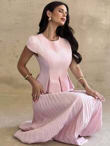Conjunto elegante de 2 piezas con camisa de mangas cubiertas y dobladillo plisado y minifalda plisada de unicolor para mujer - Rosa vieja - Ver 3