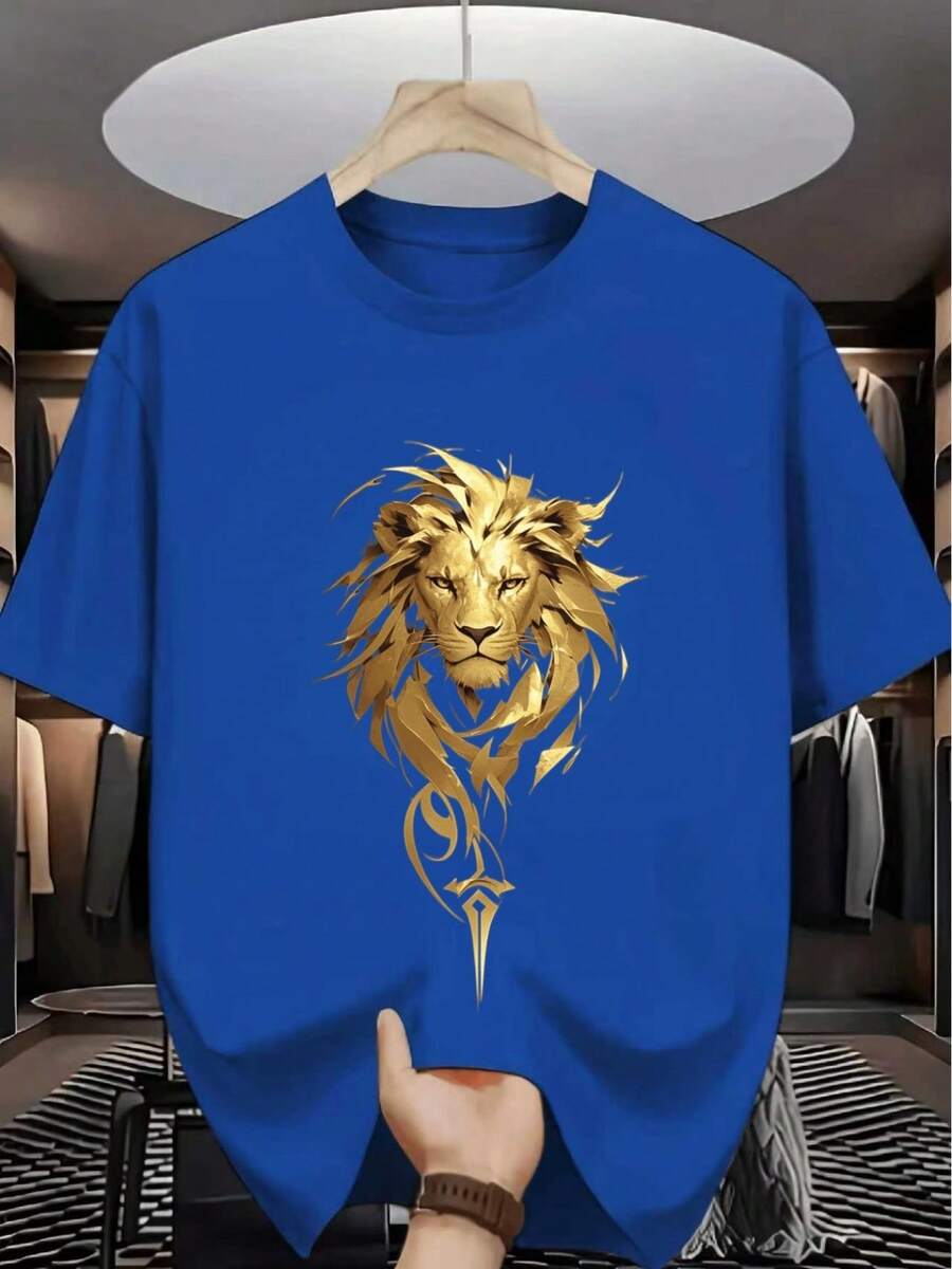 Camiseta de verano para hombre, estilo americano y moderno, estampado de cabeza de león dorada, manga corta, sensación premium moderna y llamativa, adaptada para uso diario casual/deportes al aire libre/fiestas/citas, regalo creativo asequible y sin colisión para novio - azul real - Ver 1