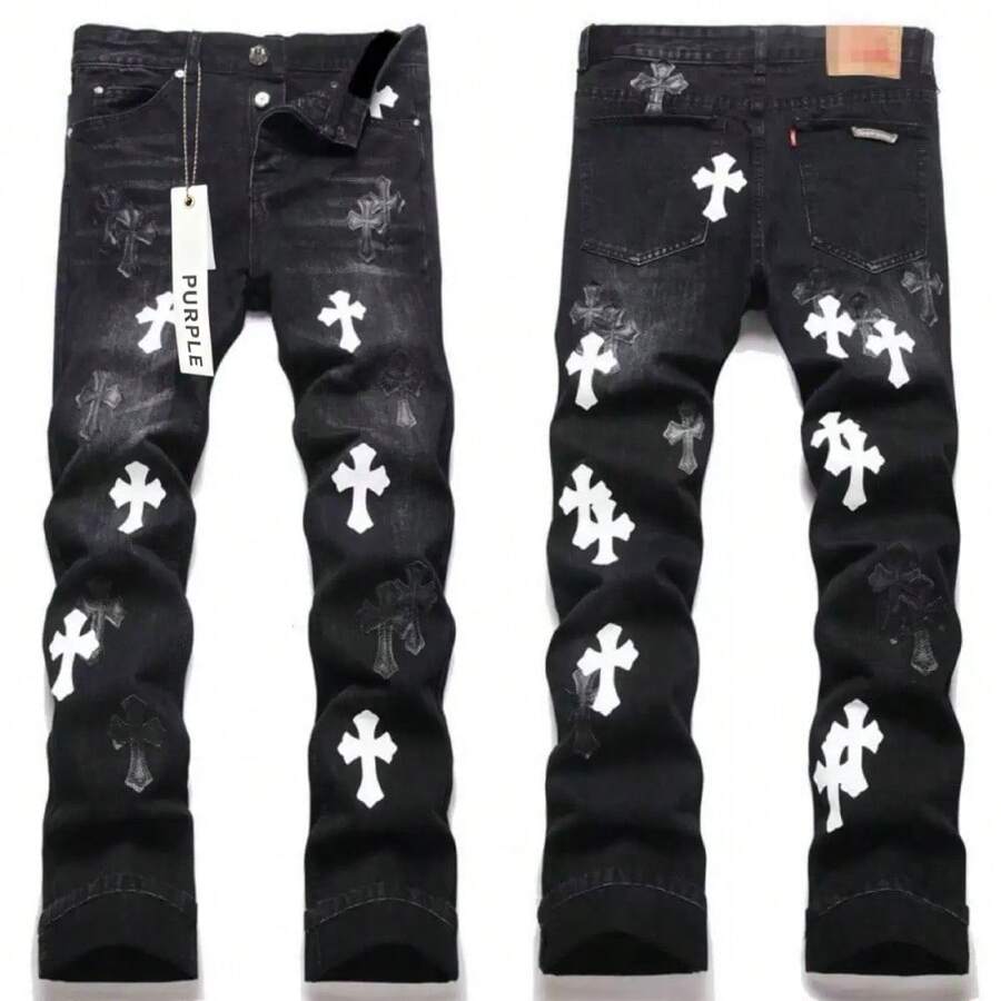Men Jeans New Fashion Casual Slim Fit Stretch Ripped Embroidered Badge Skinny Purple Jeans Straight Leg Pants For Men - màu đen - Xem 1