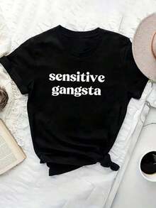 1 pieza Camiseta de manga corta con cuello redondo para mujer de talla grande, color negro, con estampado "Sensitive Gangster", corte regular, tela de alta elasticidad, estilo casual de verano, 180g, 100% algodón. - Negro - Ver 5