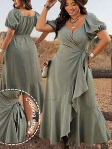 Ceyna Vestido de mujer talla grande elegante y minimalista para vacaciones, con cuello de ojo de cerradura, mangas de pétalo y lazo delantero - Verde - Ver 9
