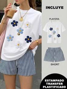 Conjunto de dos piezas, playera y short, playera estampada con diseño, short corto de rayas, adecuado para vacaciones en la playa, verano, vacaciones, viaje, para temporada de calor - 2 Playera Blanca Flores con Short Rayas Azul Marino con Blanco - Ver 1