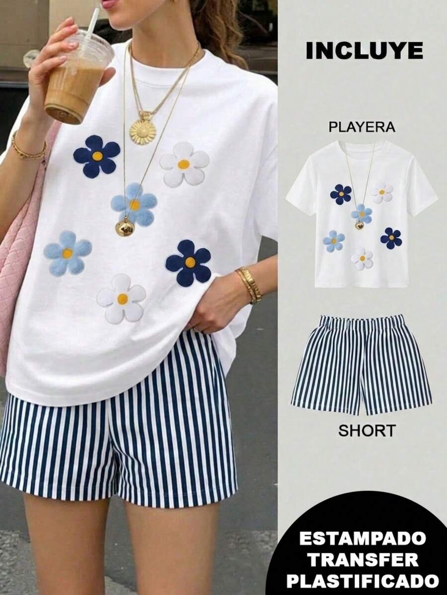 Conjunto de dos piezas, playera y short, playera estampada con diseño, short corto de rayas, adecuado para vacaciones en la playa, verano, vacaciones, viaje, para temporada de calor - 2 Playera Blanca Flores con Short Rayas Azul Marino con Blanco - Ver 1