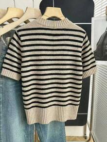Nueva llegada Primavera/Verano Estilo coreano Casual Suelta Personalizada Blusa de punto de mujer a rayas de color contrastante - Caqui 4 - Ver 2