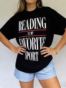 Suave Últimas camisetas gráficas de verano para mujer, camiseta vintage con la frase "La lectura es mi deporte favorito", camiseta para amantes de los libros, lector de libros, profesora de inglés, camiseta para bibliófila, camiseta de bibliotecaria, amante de los libros, camiseta de algodón 100% de manga corta, camiseta clásica de algodón grueso con estampado gráfico, top casual de manga corta para mujer, camisetas deportivas de manga corta, atuendo para conciertos de country, blusas de algodón para mujer,  mujer, blusa para mujer, ropa deportiva de mujer. - Negro - Ver 3
