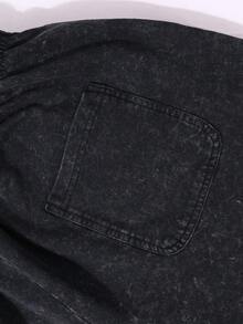 230g Washed Denim Shorts Featuring The Classic HUK Brand Emblem In A Red And Blue Flag-Inspired Color Scheme, With The Brand Slogan "FIRST TO THE FISH" Printed Below. These Men's Retro Washed Denim Shorts Are A Casual, Street-Style Piece Inspired By American Fishing Culture. Comfortable And Breathable, Suitable For Everyday Wear, They Include An Adjustable Drawstring Waist, Elastic Waistband, And Pockets. - Black - View 3