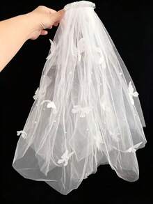 1 pieza Diadema de mujer con perla blanca etérea, pompón y lazo, adecuada para bodas, vacaciones, fiestas y ocasiones campestres - Blanco - Ver 4
