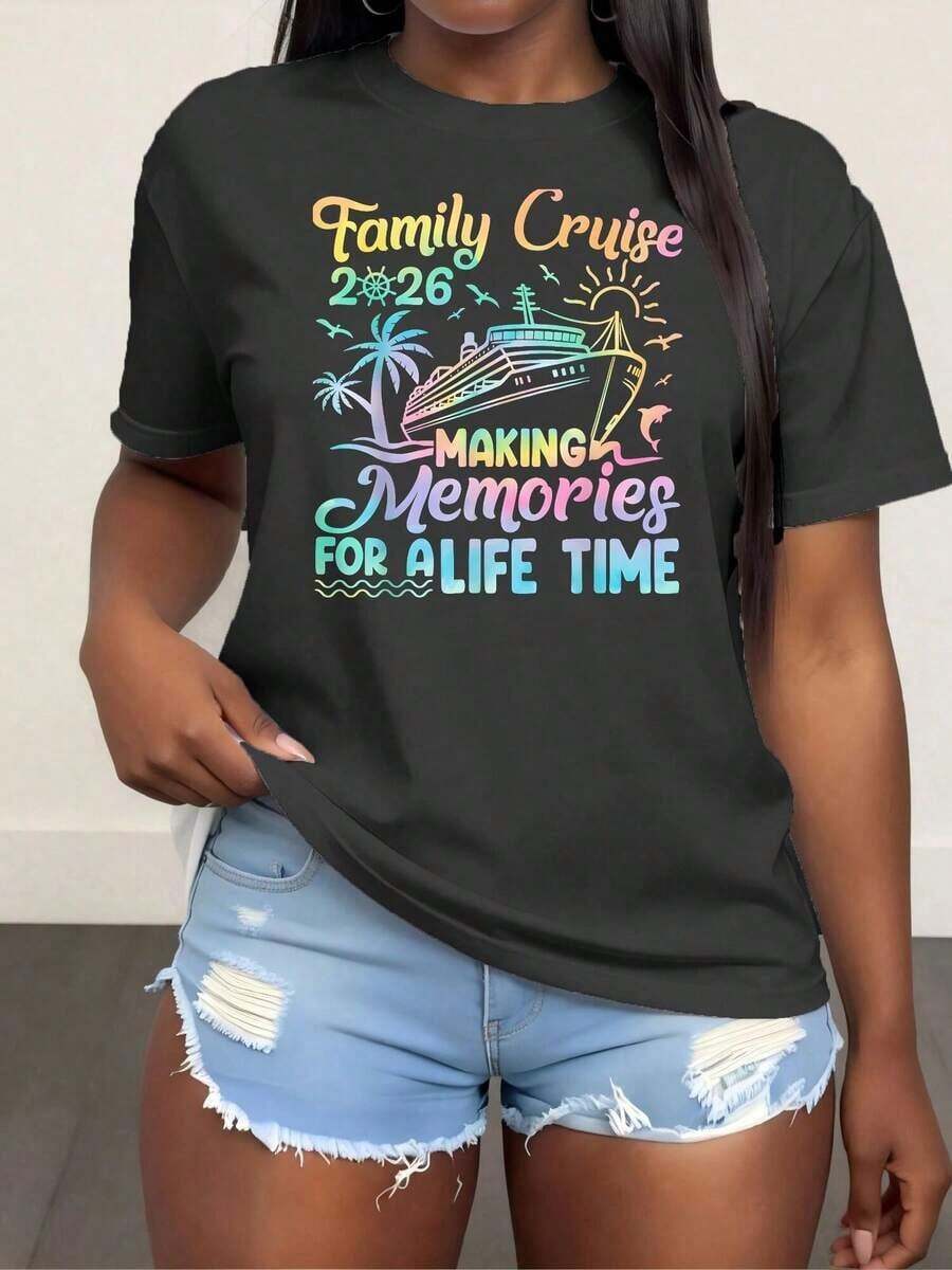 Camiseta de Cuello Redondo para Mujer con Estampado de Crucero Familiar para Vacaciones de Verano 2026, Camiseta de Moda para Mujer, Top Cómodo de Cuello Redondo, Camisetas Suaves y Adorables, Camiseta de Algodón - Negro - Ver 1