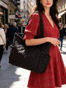 Fashionable Minimalist Large Capacity Multi-Pocket Shoulder Tote Bag, Suitable For School, Work, Travel And Commute - Black - View 4