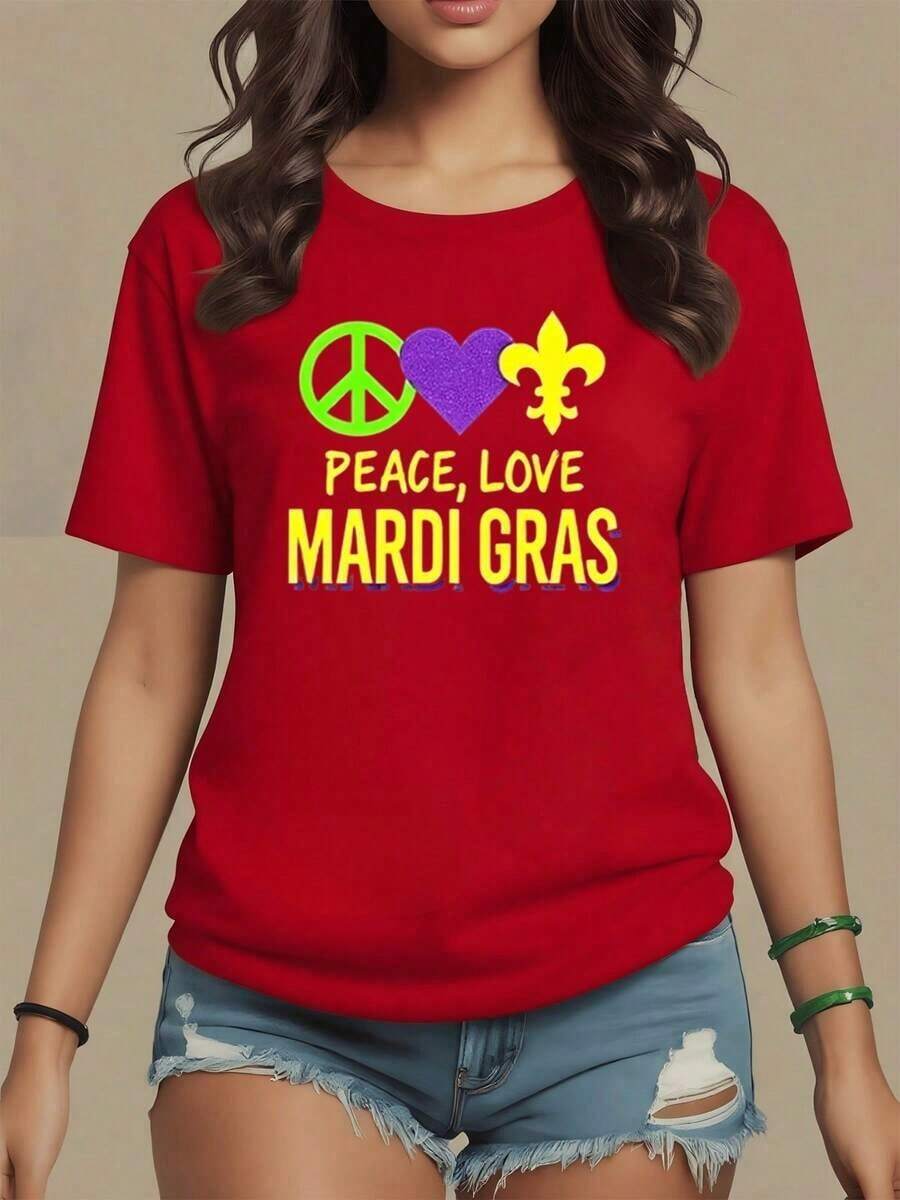 Colorful Symbols Of Peace, Purple Heart And Yellow Fleur-De-Lis Celebrating The Joyful Spirit Of Gras, Women's T-Shirt, 100% Cotton, 180g - 紅色 - 查看 1