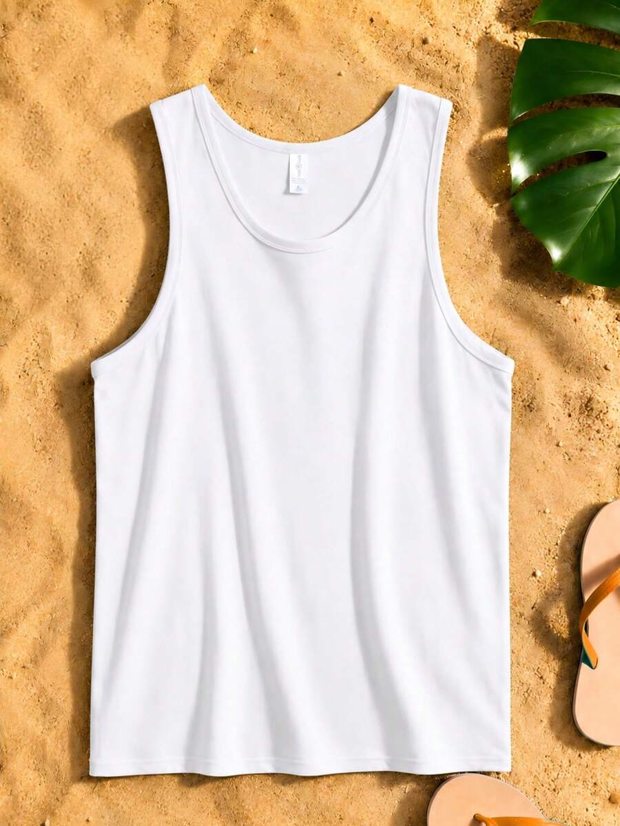 Men Clothes Summer Casual 100 Percent Cotton White Cotton Tank Top Solid Color Beachwear For Men Fathers Day Gift Loose Comfortable Breathable Machine Washable Fabric Drippy Clothes Y2K Style - 白色 - 查看 1