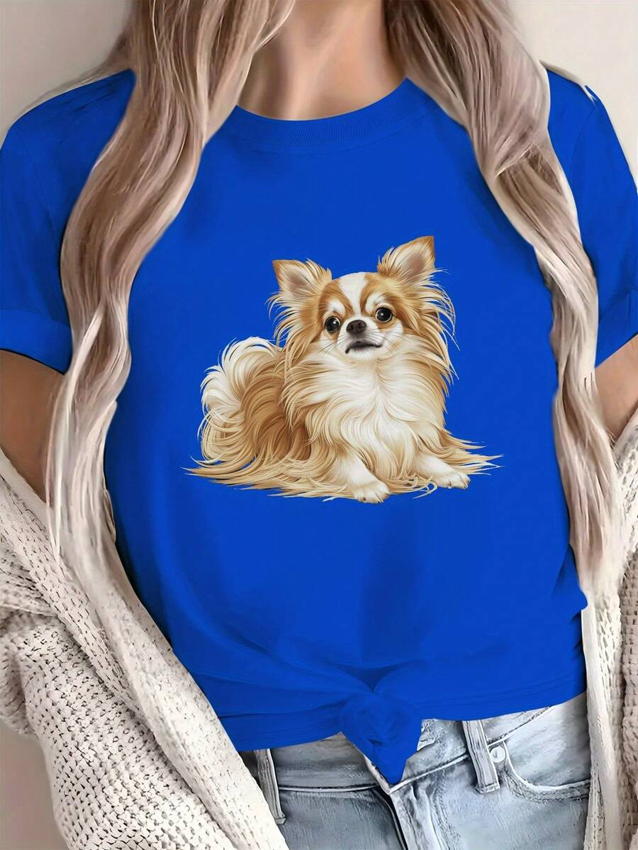Women's Soft Cotton T-Shirt - Plush Chihuahua Pattern Design, Light Gray, Casual Everyday Wear T-Shirt (Machine Washable), Dog Themed Clothing, Must-Have For Animal Lovers, Lightweight And Comfortable Fabric, Weekend Outfit, Fun Printed T-Shirt, Exclusive For Pet Lovers, Loose Fit Casual Blouse For Women. - 藍色 - 查看 1