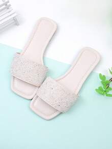 Sandalias planas con estampado de serpiente dorada y diseño cruzado para niña, sandalias de playa de verano con punta cuadrada de metal - Beis - Ver 6