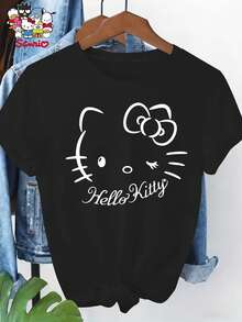 Sanrio Spring And Summer Leisure Lovely Round Neck Short Sleeve Printing - 黑色 - 查看 1