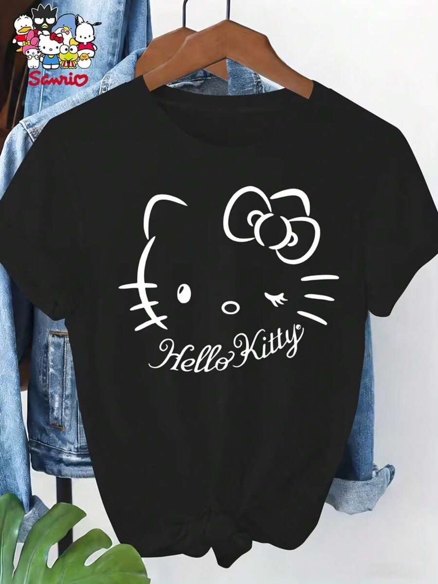 Sanrio Spring And Summer Leisure Lovely Round Neck Short Sleeve Printing - 黑色 - 查看 1