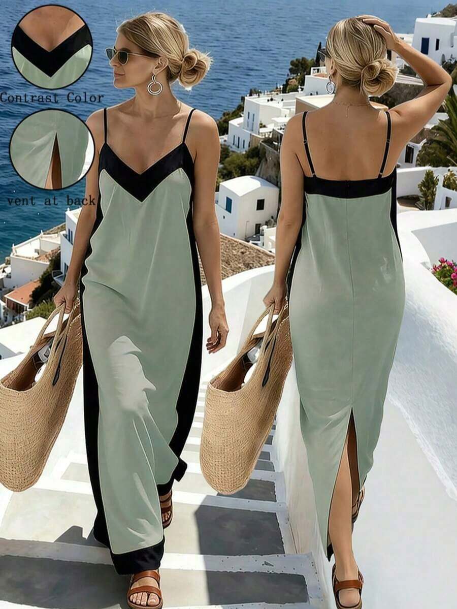 1 pieza Vestido casual de mujer con bloqueo de color y abertura, elegante para vacaciones de playa en verano - verde menta - Ver 1