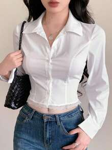 Camisa elegante de manga larga para mujer con pespunte de espina de pescado, empalme con adorno de encaje, ajuste ceñido, adecuada para uso en la oficina, primavera/verano - Blanco - Ver 9