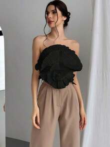 Bandeau plisado con estampado floral - Negro - Ver 1