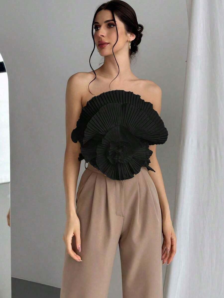 Bandeau plisado con estampado floral - Negro - Ver 1