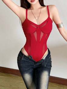 Solid Color Bodysuit With Sexy V-Neck And Mesh Patches - Grey - View 2