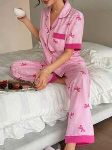 Napfluff Pyjama Set With Short Sleeve Top With Red Button And Striped Pants With Contrasting Color Bow; Pink Striped Pyjama Set With Printed Bow, Suitable For Home Use - Burgundy - View 7